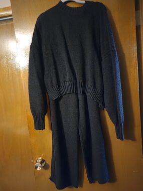 Black Knit Crewneck Top & Wide-Leg Pants Set